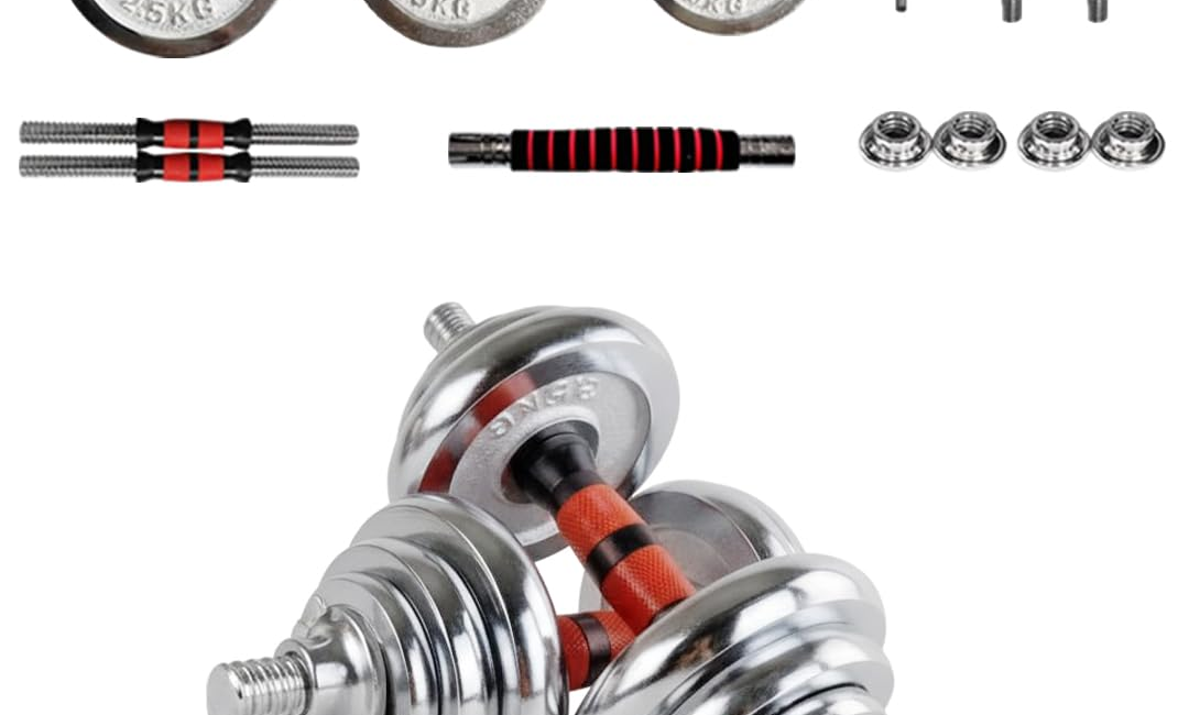 PowerMax Fitness 30KG Chrome Iron Dumbbell Set, Adjustable Weights